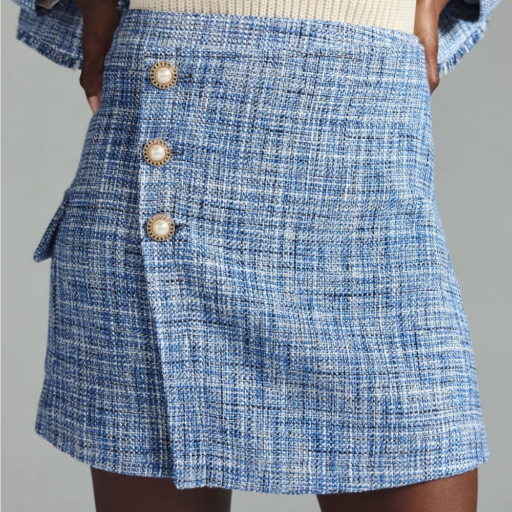 Anthropologie Textured Blue Mini Skirt with Pearl Details